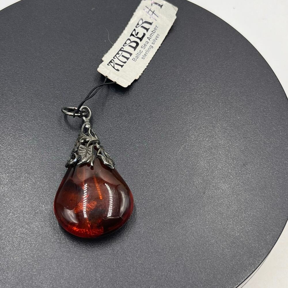 Genuine Dark Baltic Sea Amber Sterling‎ Silver Teardrop Healing Stone Pendant